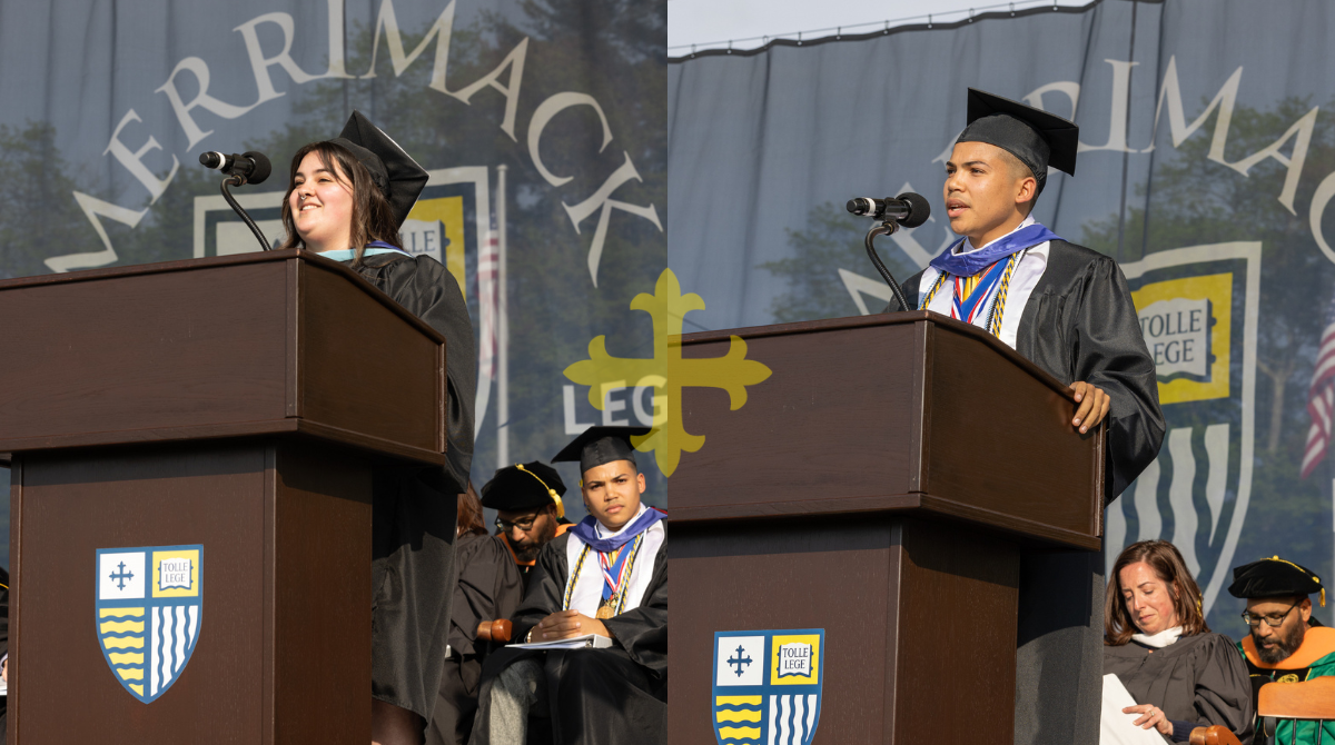 Photo of Jessica Almeida M鈥�23 and Michael Fernandez 鈥�23 speaking at 澳门六合彩开奖结果鈥檚 73rd Commencement exercises.
