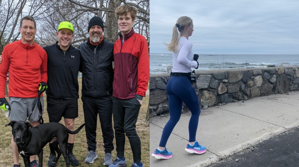 Two photos of Logan Green 鈥�24 posing with three fellow runners and Cate Buecker 鈥�24 running.